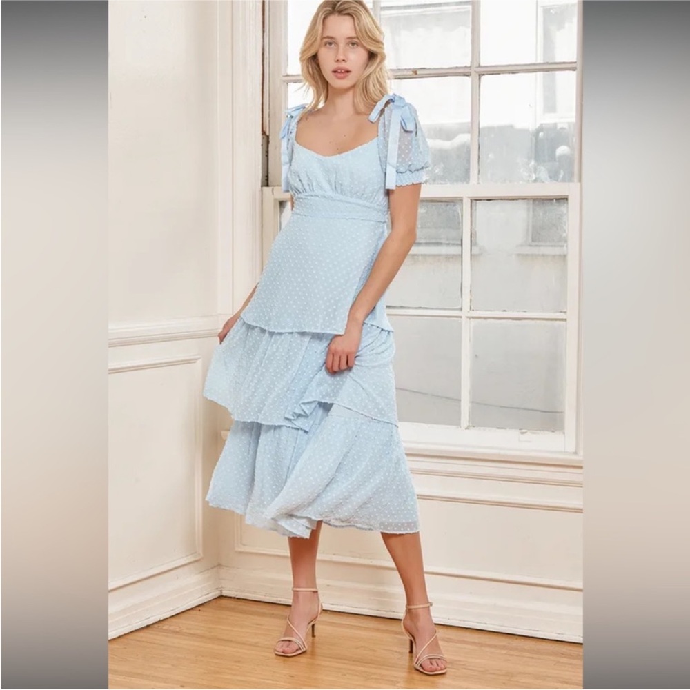 Lulu's Sky Blue Tiered Midi Dress with Tie Straps